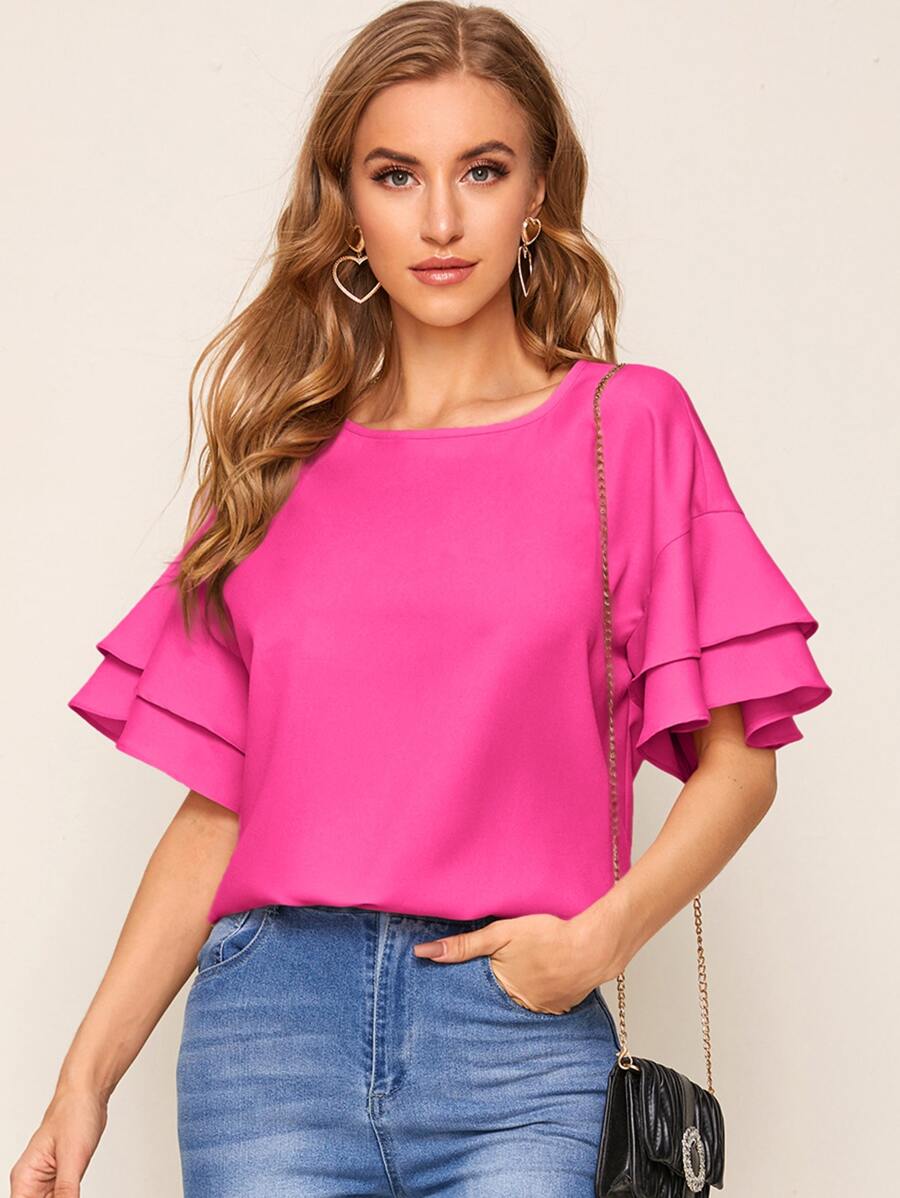 SHEIN Privé Layered Bell Sleeve Top - Hot Pink - View 1