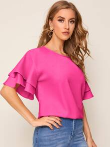 SHEIN Privé Layered Bell Sleeve Top - Hot Pink - View 5
