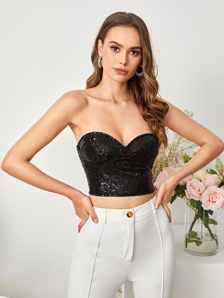 SHEIN BAE Off Shoulder Sequins Tube Top - Black - View 1