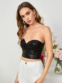 SHEIN BAE Off Shoulder Sequins Tube Top - Black - View 5