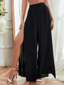 Breezaya Solid Split Thigh Trousers - Black - View 1