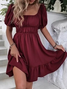 Đầm Viên lá sen Nơ sau màu trơn Thanh lịch - Màu Đỏ Sâu - Xem 1