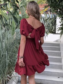 Đầm Viên lá sen Nơ sau màu trơn Thanh lịch - Màu Đỏ Sâu - Xem 2