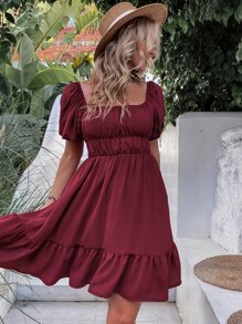 Đầm Viên lá sen Nơ sau màu trơn Thanh lịch - Màu Đỏ Sâu - Xem 4