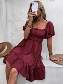 Đầm Viên lá sen Nơ sau màu trơn Thanh lịch - Màu Đỏ Sâu - Xem 6