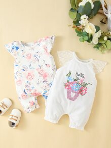 Baby 2pcs Letter & Floral Print Romper - White - View 1