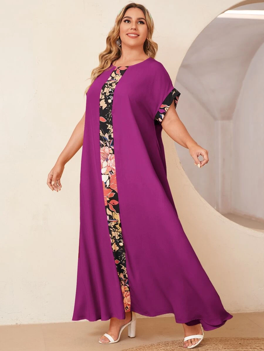 EMERY ROSE Plus Batwing Sleeve Floral Print Colourblock Dress - Purple - View 1