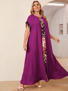 EMERY ROSE Plus Batwing Sleeve Floral Print Colourblock Dress - Purple - View 3