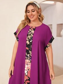 EMERY ROSE Plus Batwing Sleeve Floral Print Colourblock Dress - Purple - View 4