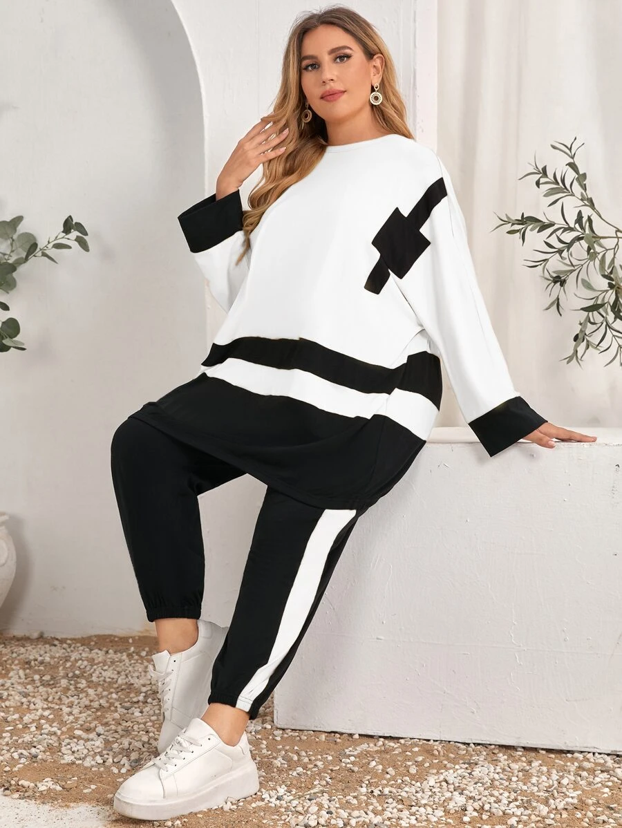 Mulvari Plus Colour Block Pullover & Contrast Side Seam Joggers - Black and White - View 1
