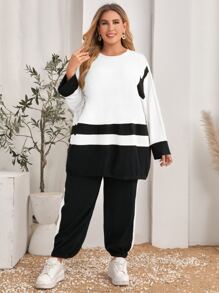 Mulvari Plus Colour Block Pullover & Contrast Side Seam Joggers - Black and White - View 5