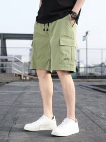 Manfinity Quần Short Nam Dây kéo Túi màu trơn Đường phố - xanh quân đội - Xem 1