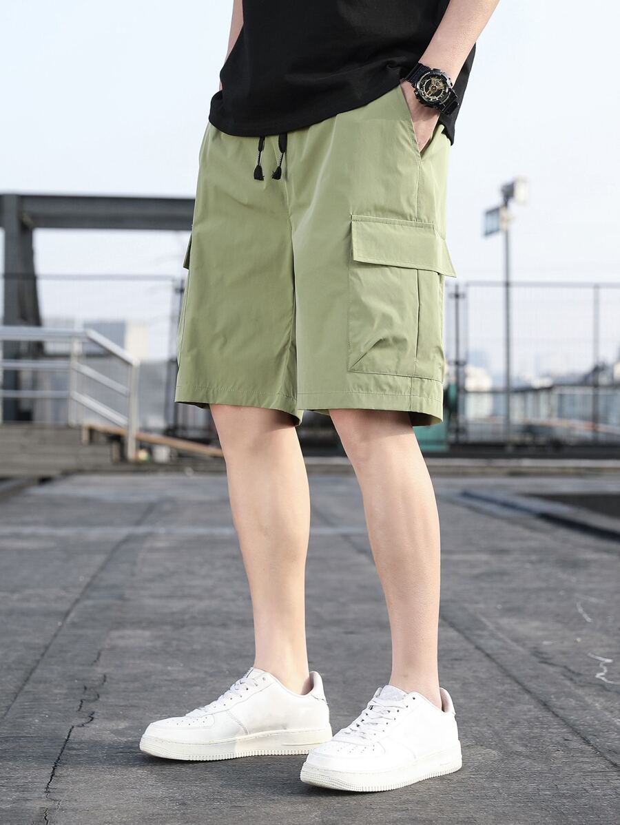 Manfinity Quần Short Nam Dây kéo Túi màu trơn Đường phố - xanh quân đội - Xem 1