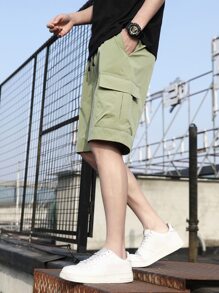 Manfinity Quần Short Nam Dây kéo Túi màu trơn Đường phố - xanh quân đội - Xem 7