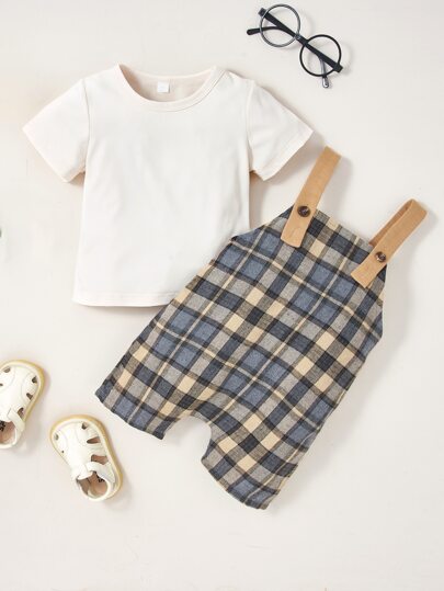 Baby Solid Tee & Plaid Overall Romper