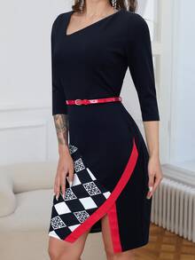 Asymmetrical Neck Split Hem Colorblock Formal Dress Without Belt - Black - View 4