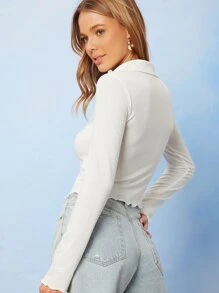 SHEIN Unity Áo thun nữ Xù nhỏ Nút phía trước màu trơn Giải trí - trắng - Xem 2