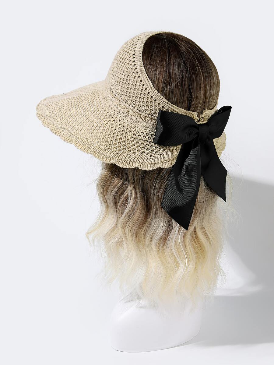 Bow Decor Straw Visor Hat - Beige - View 1