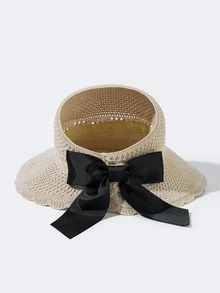 Bow Decor Straw Visor Hat - Beige - View 2