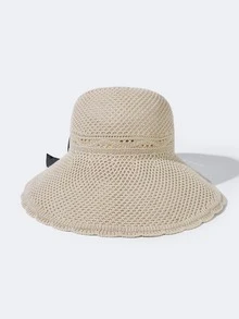 Bow Decor Straw Visor Hat - Beige - View 3