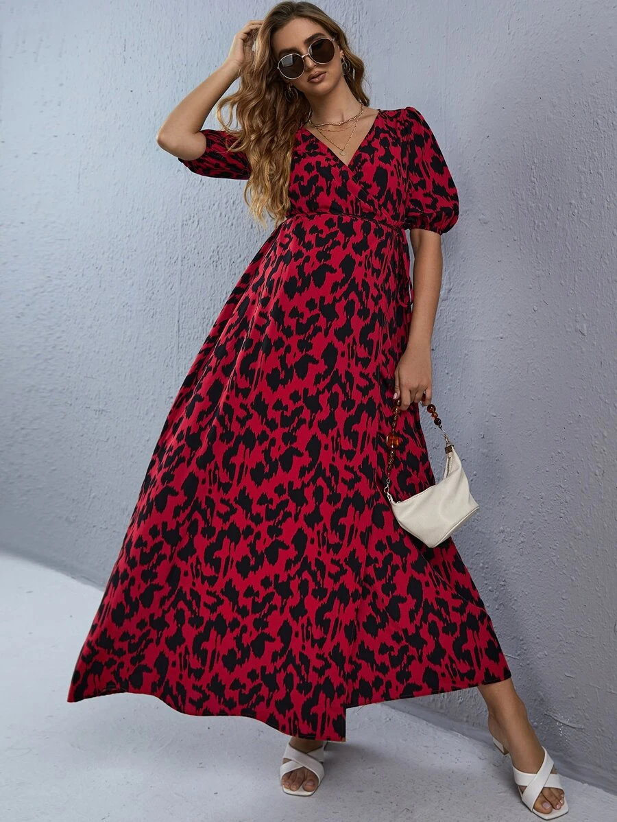 SHEIN Maternity Allover Print Surplice Neck Belted A-Line Dress, - Multicolor - View 1