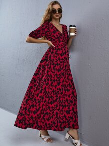 SHEIN Maternity Allover Print Surplice Neck Belted A-Line Dress, - Multicolor - View 5