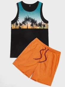 Manfinity VCAY 男士熱帶圖案背心上衣和熒光橙短褲套裝 - 彩色 - 查看 1