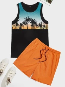 Manfinity VCAY 男士熱帶圖案背心上衣和熒光橙短褲套裝 - 彩色 - 查看 5