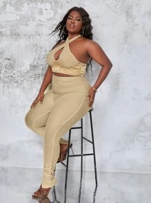 Slaydiva Bộ thời trang Plus Size Lộ Lưng Cắt ra Xù Chia Buộc lại màu trơn Gợi cảm - Màu be - Xem 1