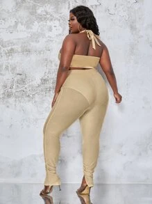 Slaydiva Bộ thời trang Plus Size Lộ Lưng Cắt ra Xù Chia Buộc lại màu trơn Gợi cảm - Màu be - Xem 2