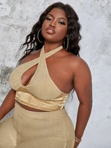 Slaydiva Bộ thời trang Plus Size Lộ Lưng Cắt ra Xù Chia Buộc lại màu trơn Gợi cảm - Màu be - Xem 3