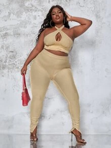 Slaydiva Bộ thời trang Plus Size Lộ Lưng Cắt ra Xù Chia Buộc lại màu trơn Gợi cảm - Màu be - Xem 5