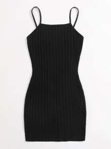 SHEIN Privé Plus Solid Rib-knit Bodycon Cami Dress - Black - View 3