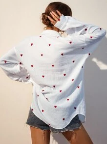 SHEIN Frenchy Heart Embroidery Pocket Patched Drop Shoulder Shirt