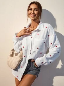 SHEIN Frenchy Heart Embroidery Pocket Patched Drop Shoulder Shirt