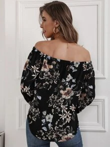 SHEIN Clasi Blusa con estampado floral de hombros descubiertos - Negro - Ver 2
