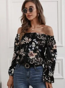 SHEIN Clasi Blusa con estampado floral de hombros descubiertos - Negro - Ver 3