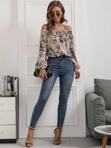 SHEIN Clasi Floral Print Off The Shoulder Blouse - Coral Pink - View 4
