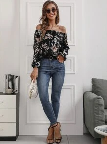 SHEIN Clasi Blusa con estampado floral de hombros descubiertos - Negro - Ver 5