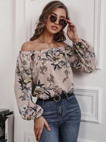 SHEIN Clasi Floral Print Off The Shoulder Blouse - Coral Pink - View 5