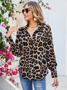 SHEIN Clasi Camisa con estampado de leopardo de manga obispo - Multicolor - Ver 3