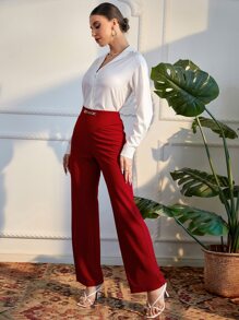 Modelyn 素色前紐扣襯衫和褲子 - 紅白色 - 查看 3