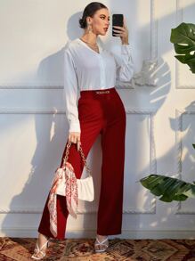 Modelyn 素色前紐扣襯衫和褲子 - 紅白色 - 查看 4