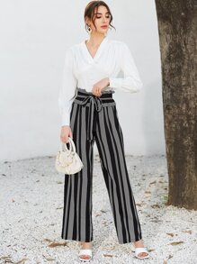 Mulvari Quần nữ Thắt lưng Sọc Giải trí - Đen và trắng - Xem 1