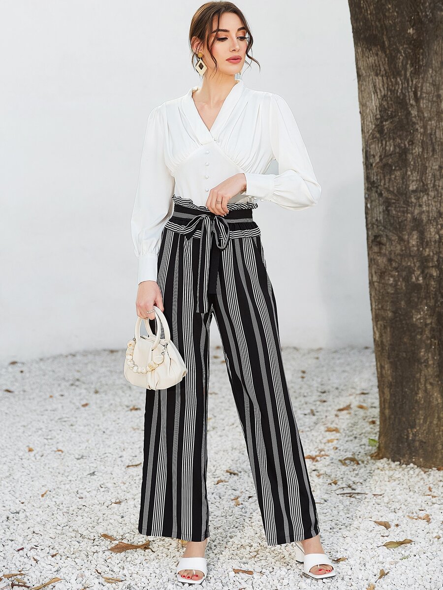 Mulvari Quần nữ Thắt lưng Sọc Giải trí - Đen và trắng - Xem 1