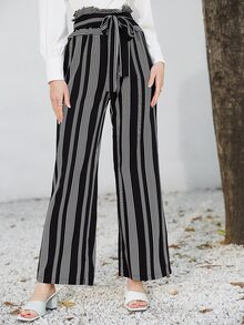 Mulvari Quần nữ Thắt lưng Sọc Giải trí - Đen và trắng - Xem 3