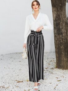 Mulvari Quần nữ Thắt lưng Sọc Giải trí - Đen và trắng - Xem 5