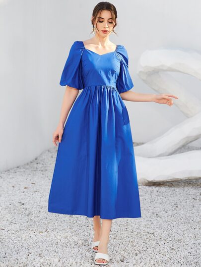 ソリッド シャーリングバック スイートハートネック パフスリーブ ドレス