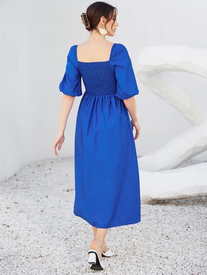 ソリッド シャーリングバック スイートハートネック パフスリーブ ドレス