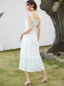 Mulvari 打褶肩部打結荷葉邊網眼刺繡洋装 - 白色 - 查看 2